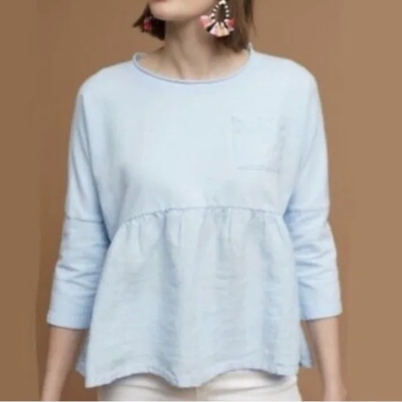 Anthropologie  Blue Linen/Cotton Peplum Knit Top Sz S - Picture 1 of 5